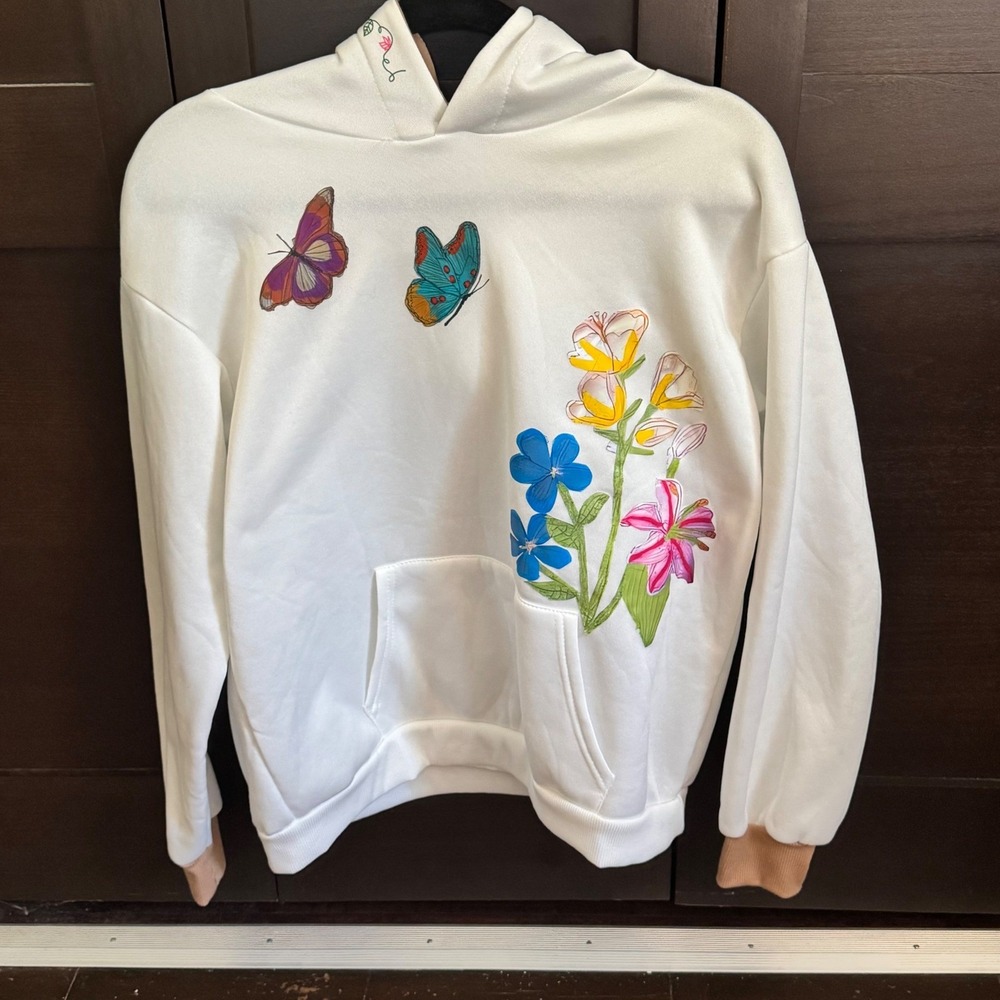 Women's White Butterfly Floral Hoodie Fleece Pullover Size S Good